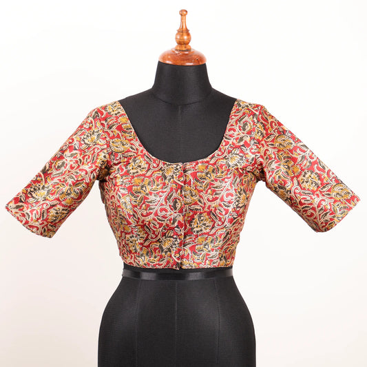 Red Multi Colour Silk Blouse with Round Neck - Akshayi