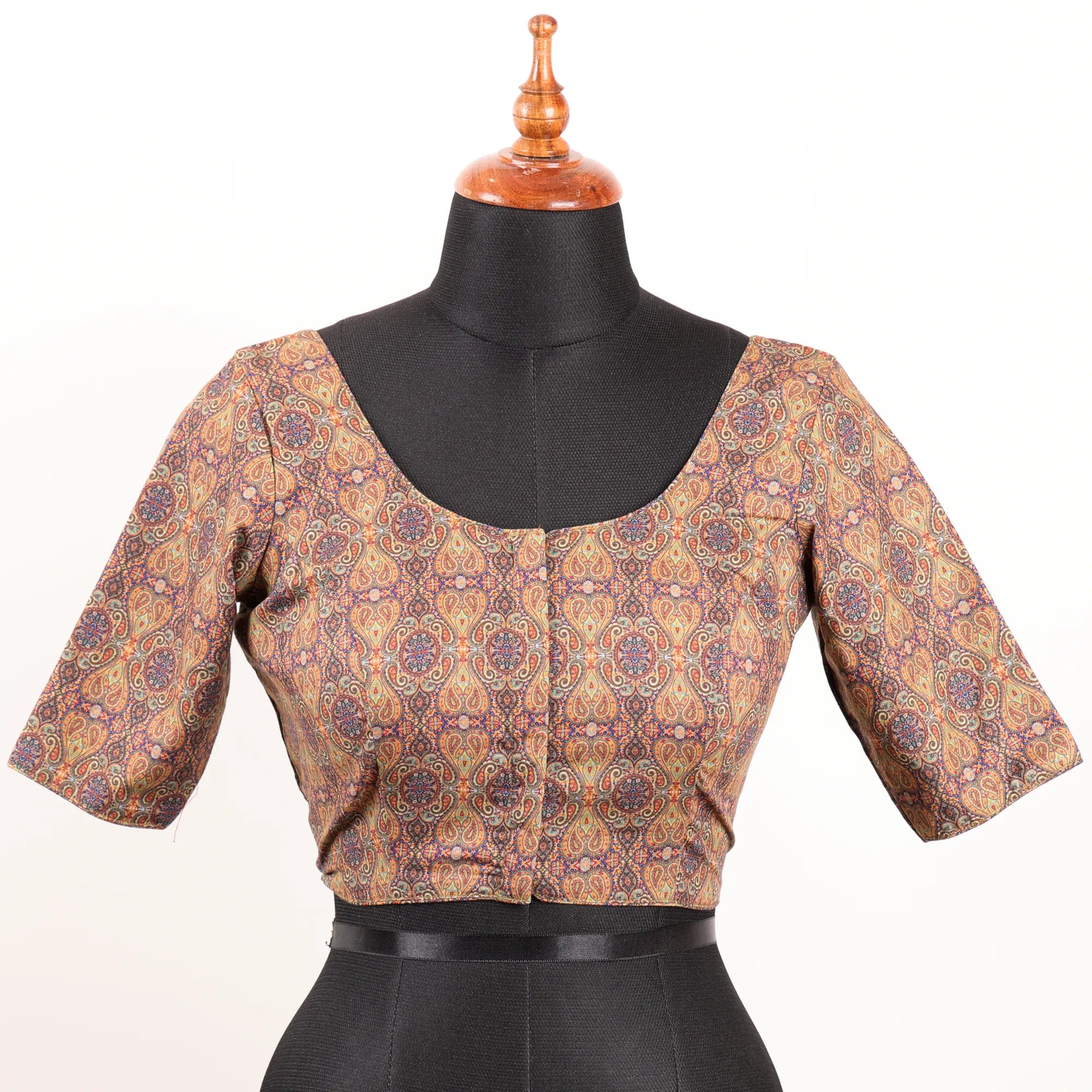 Beige Multi Colour Silk Blouse with Round Neck - Akshayi