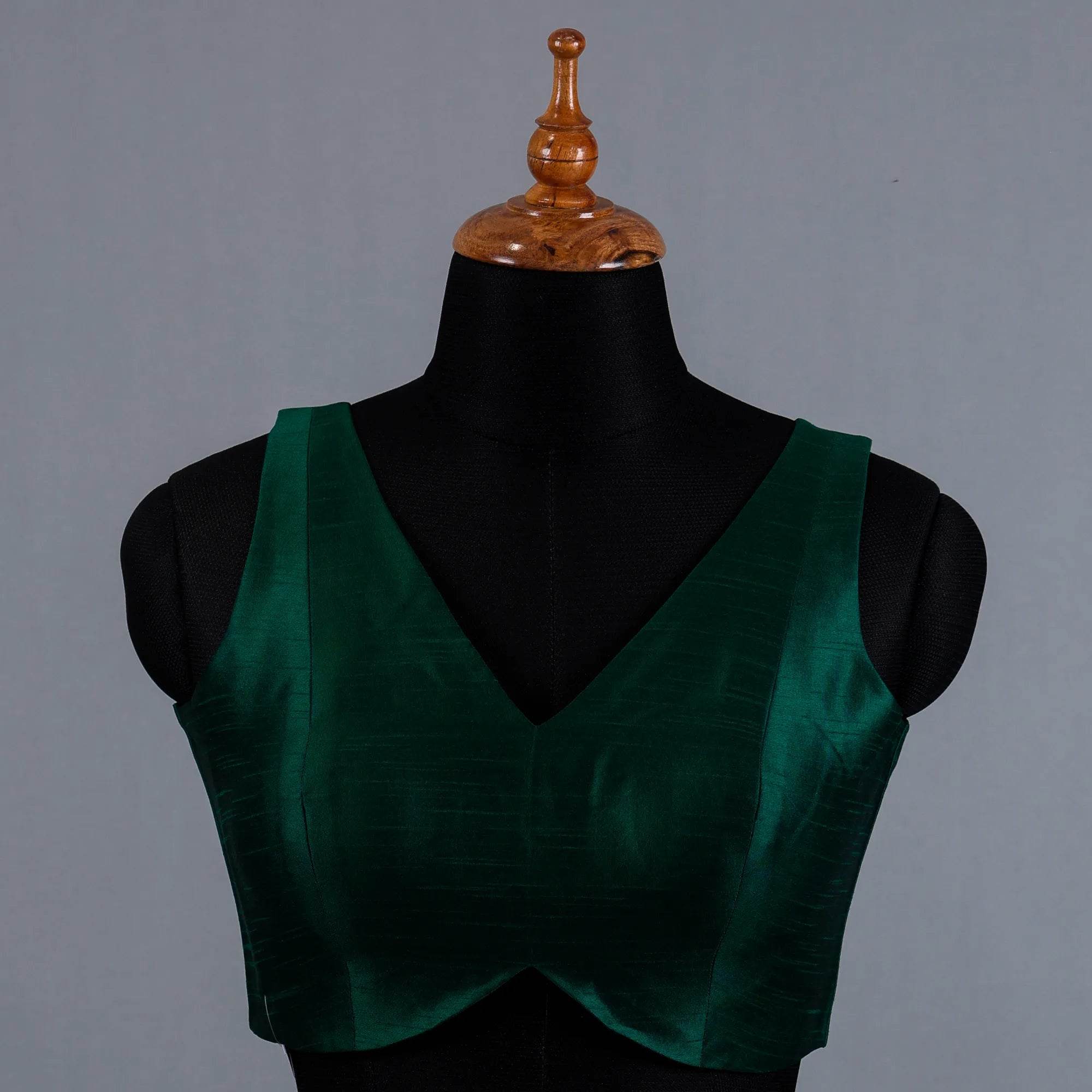 Bottle Green Sleeveless Blouse with V-Neck - Adi Akshoy & Co.