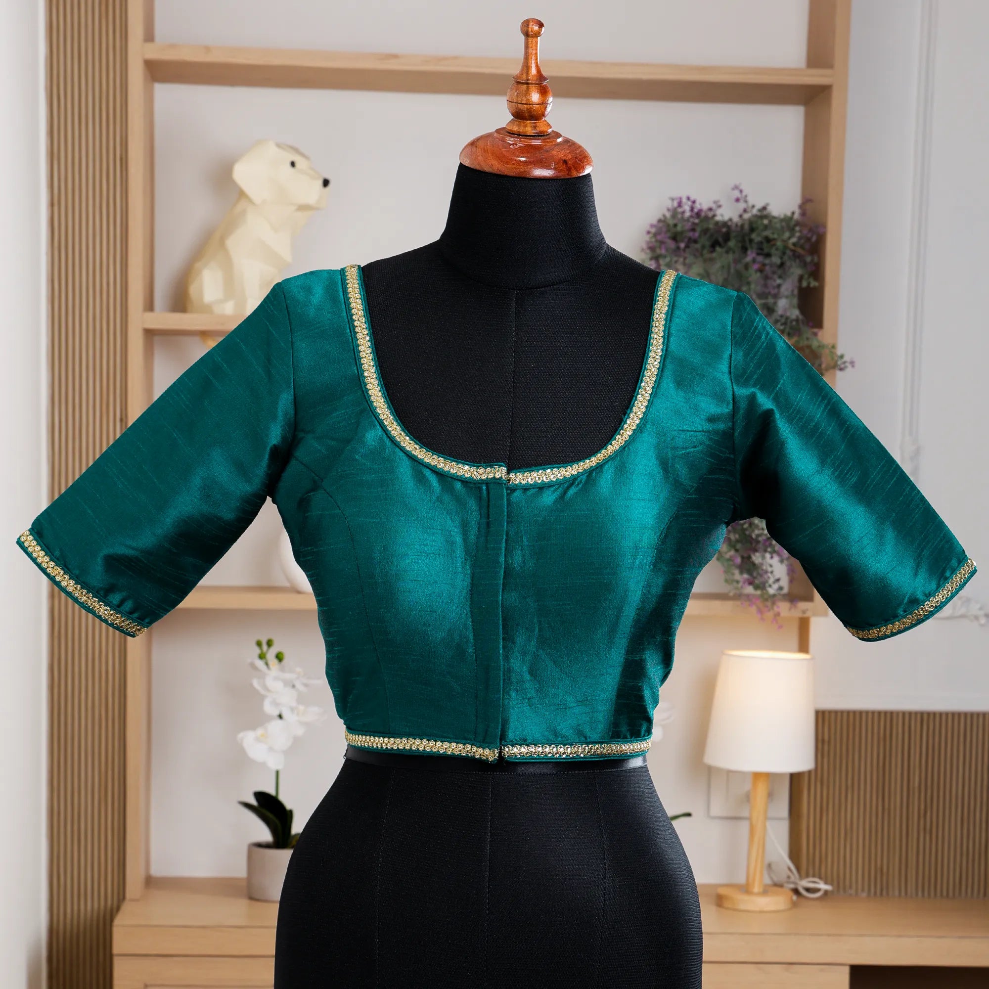 Green Silk Blouse with Round Neck - Akshayi