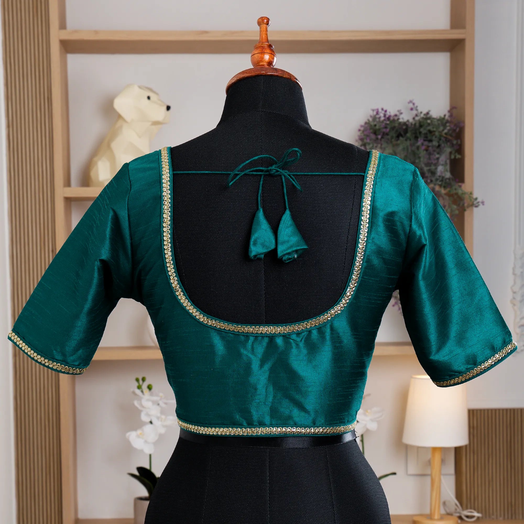 Green Silk Blouse with Round Neck - Akshayi