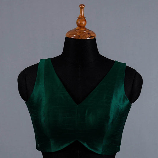 Bottle Green Sleeveless Blouse with V-Neck - Adi Akshoy & Co.
