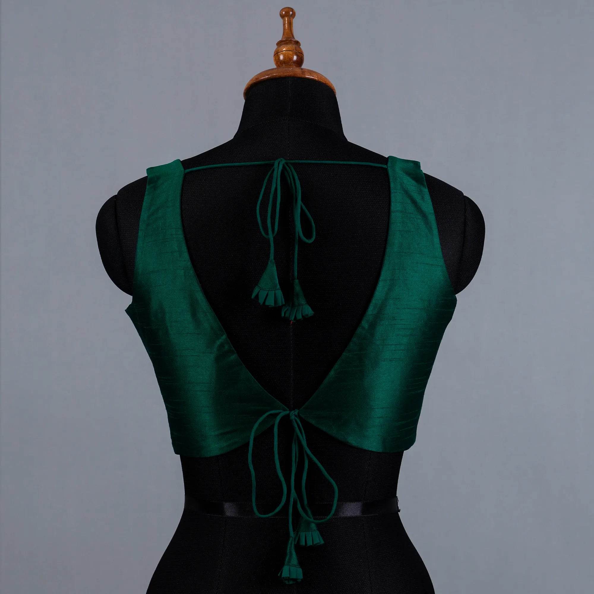 Bottle Green Sleeveless Blouse with V-Neck - Adi Akshoy & Co.