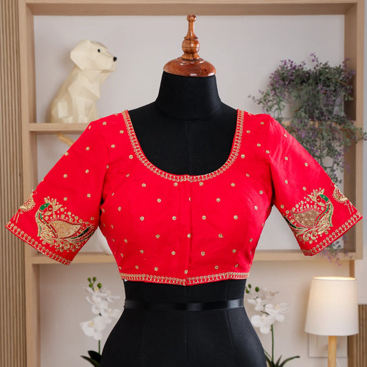 Red Round Neck Silk Blouse with Zari work - Akshayi