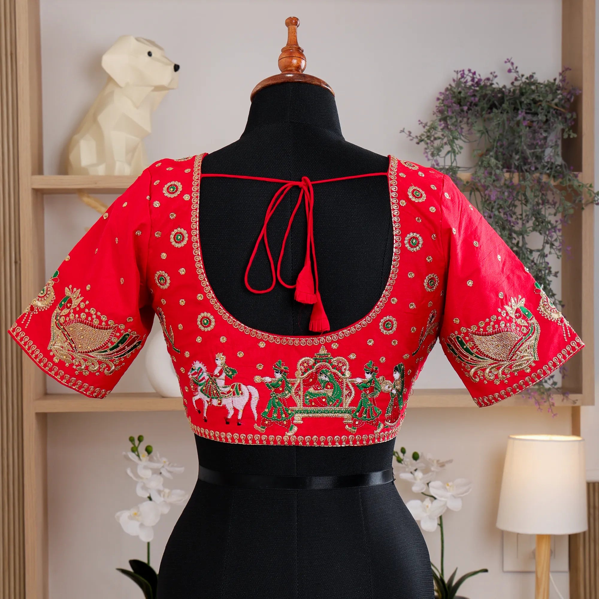 Red Round Neck Silk Blouse with Zari work - Akshayi