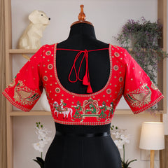Red Round Neck Silk Blouse with Zari work - Akshayi