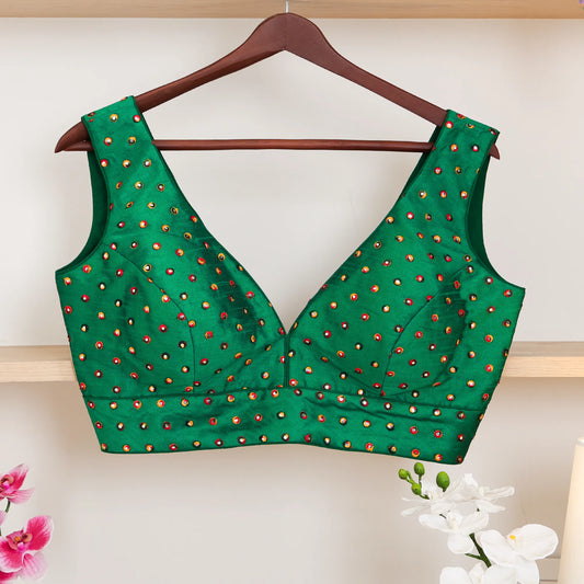 Green Silk Blouse with V - Neck - Akshayi