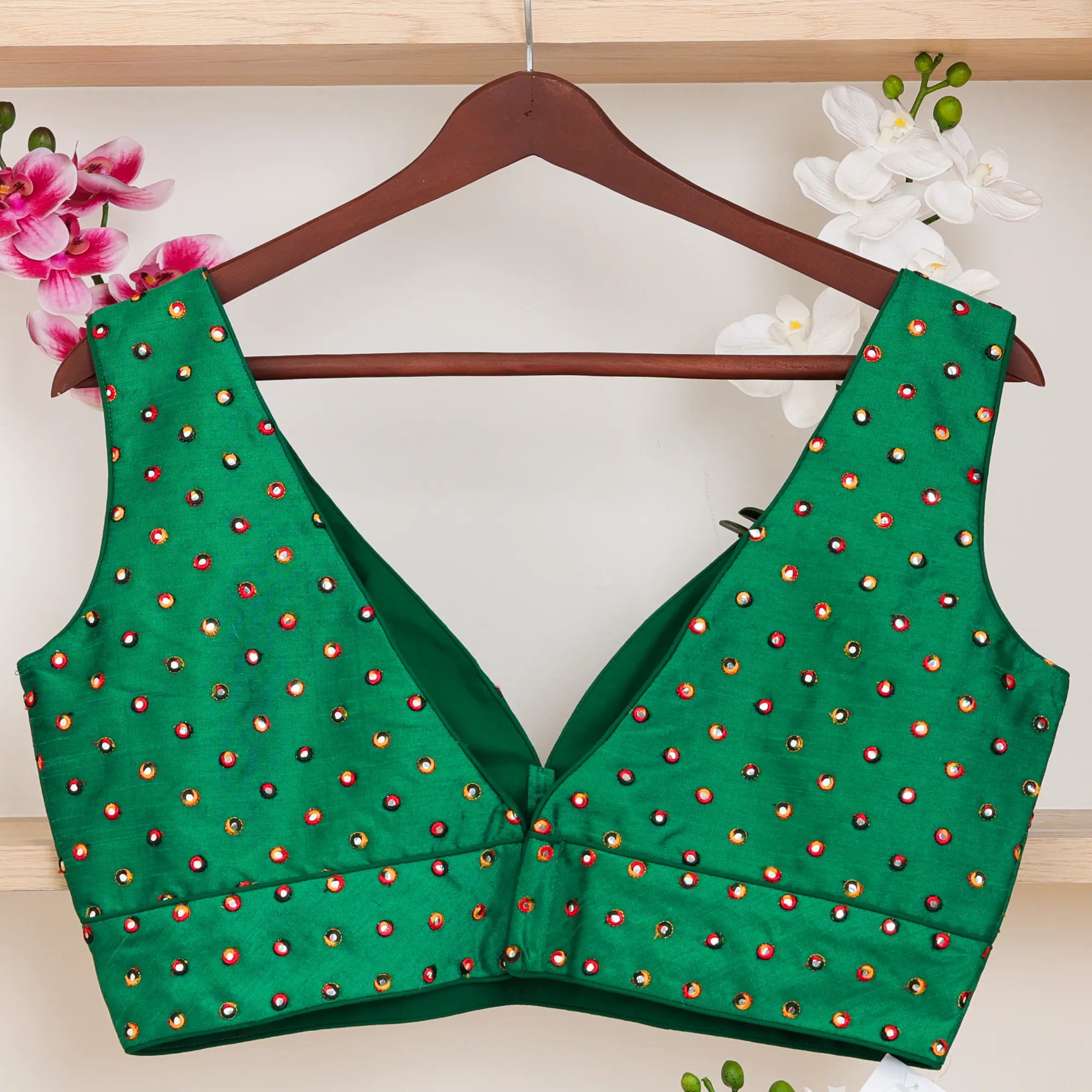 Green Silk Blouse with V - Neck - Akshayi