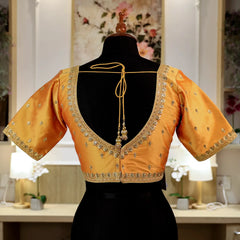 Mango Yellow Round shape V- Neck Blouse with Zari work