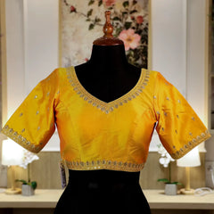 Yellow Round shape V- Neck Blouse with Zari work
