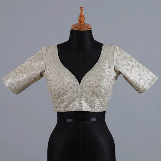 Matte Gold Tissue Blouse with Zari Embroidery with Sweetheart Neck - Adi Akshoy & Co.
