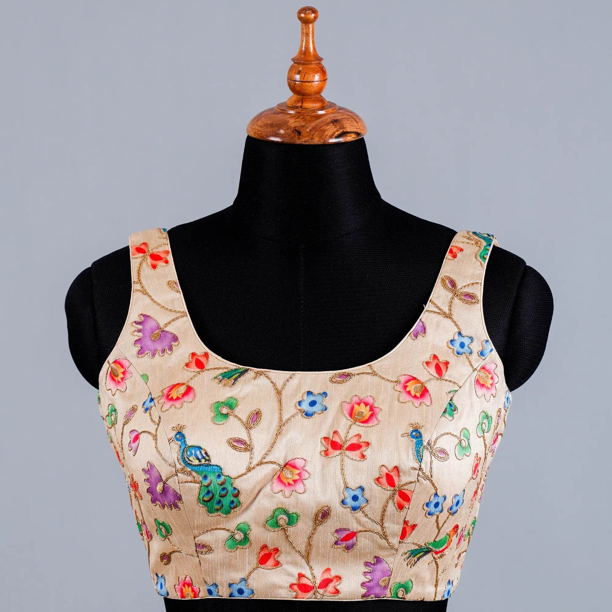 Beige Sleeveless Blouse with Multi Colour Embroidery Work with U- Neck - Adi Akshoy & Co.