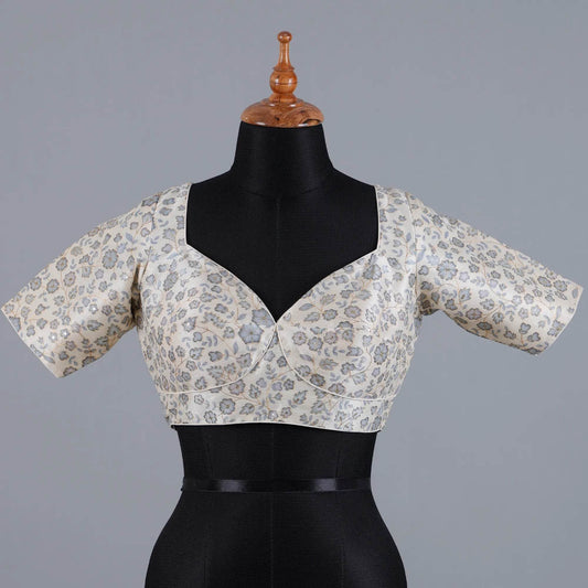 Offwhite Silk Blouse with Grey print and Embroidery with Sweetheart Neck - Adi Akshoy & Co.