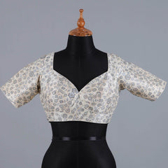 Offwhite Silk Blouse with Grey print and Embroidery with Sweetheart Neck - Adi Akshoy & Co.