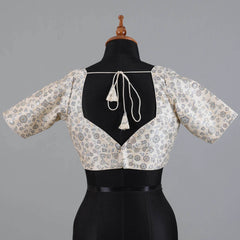 Offwhite Silk Blouse with Grey print and Embroidery with Sweetheart Neck - Adi Akshoy & Co.