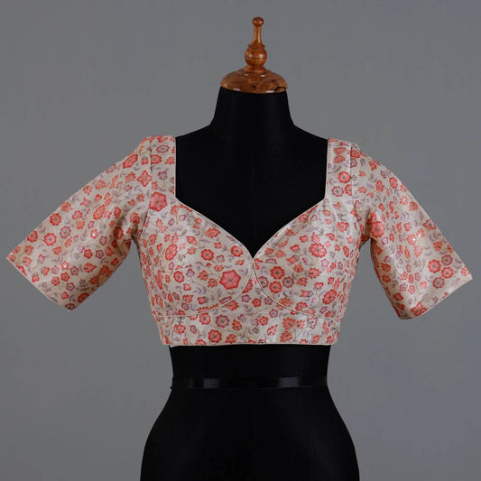 Off White Silk Blouse with Red Print and Embroidery with Sweetheart Neck - Adi Akshoy & Co.