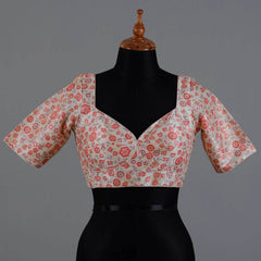 Off White Silk Blouse with Red Print and Embroidery with Sweetheart Neck - Adi Akshoy & Co.