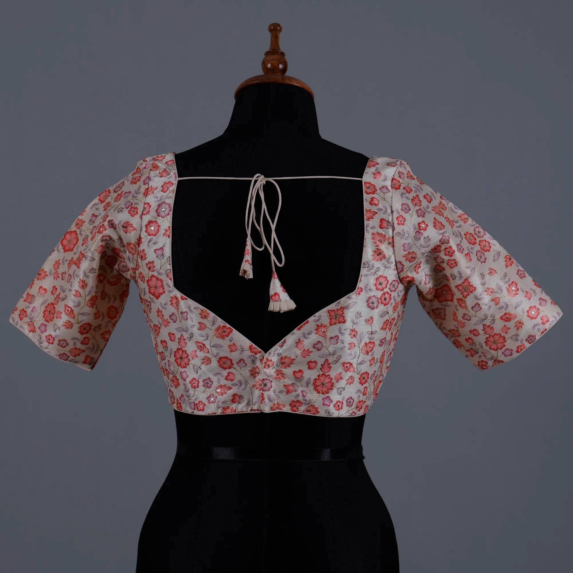Off White Silk Blouse with Red Print and Embroidery with Sweetheart Neck - Adi Akshoy & Co.