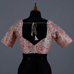 Off White Silk Blouse with Red Print and Embroidery with Sweetheart Neck - Adi Akshoy & Co.