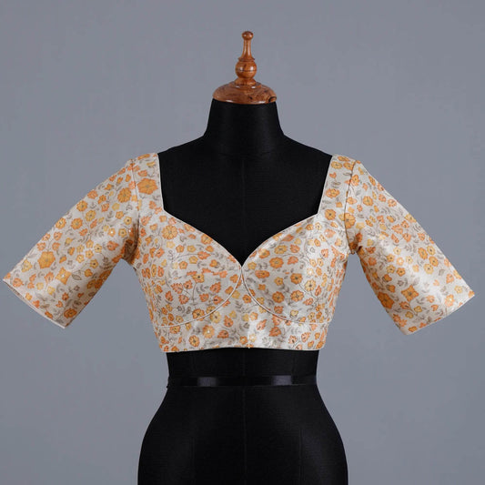 Offwhite Silk Blouse with Yellow print and Embroidery with Sweetheart Neck - Adi Akshoy & Co.