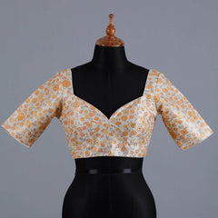 Offwhite Silk Blouse with Yellow print and Embroidery with Sweetheart Neck - Adi Akshoy & Co.