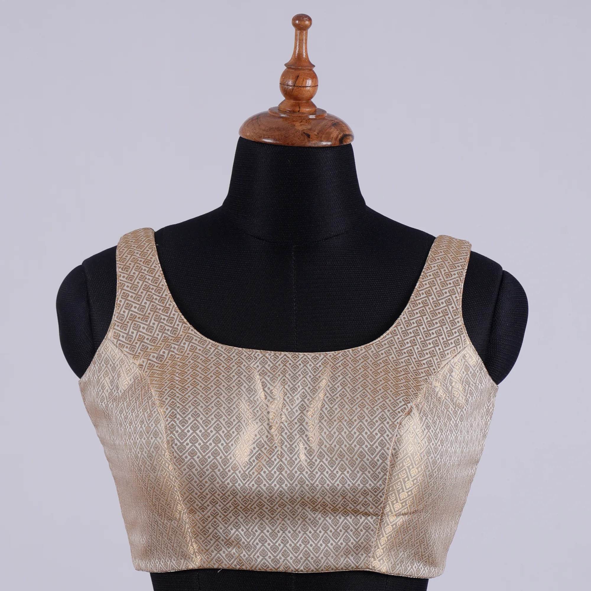 Golden Brocade Sleeveless Blouse with Round Neck - Adi Akshoy & Co.