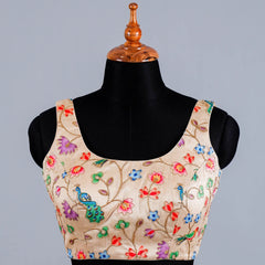 Beige Sleeveless Blouse with Multi Colour Embroidery Work with U- Neck - Adi Akshoy & Co.