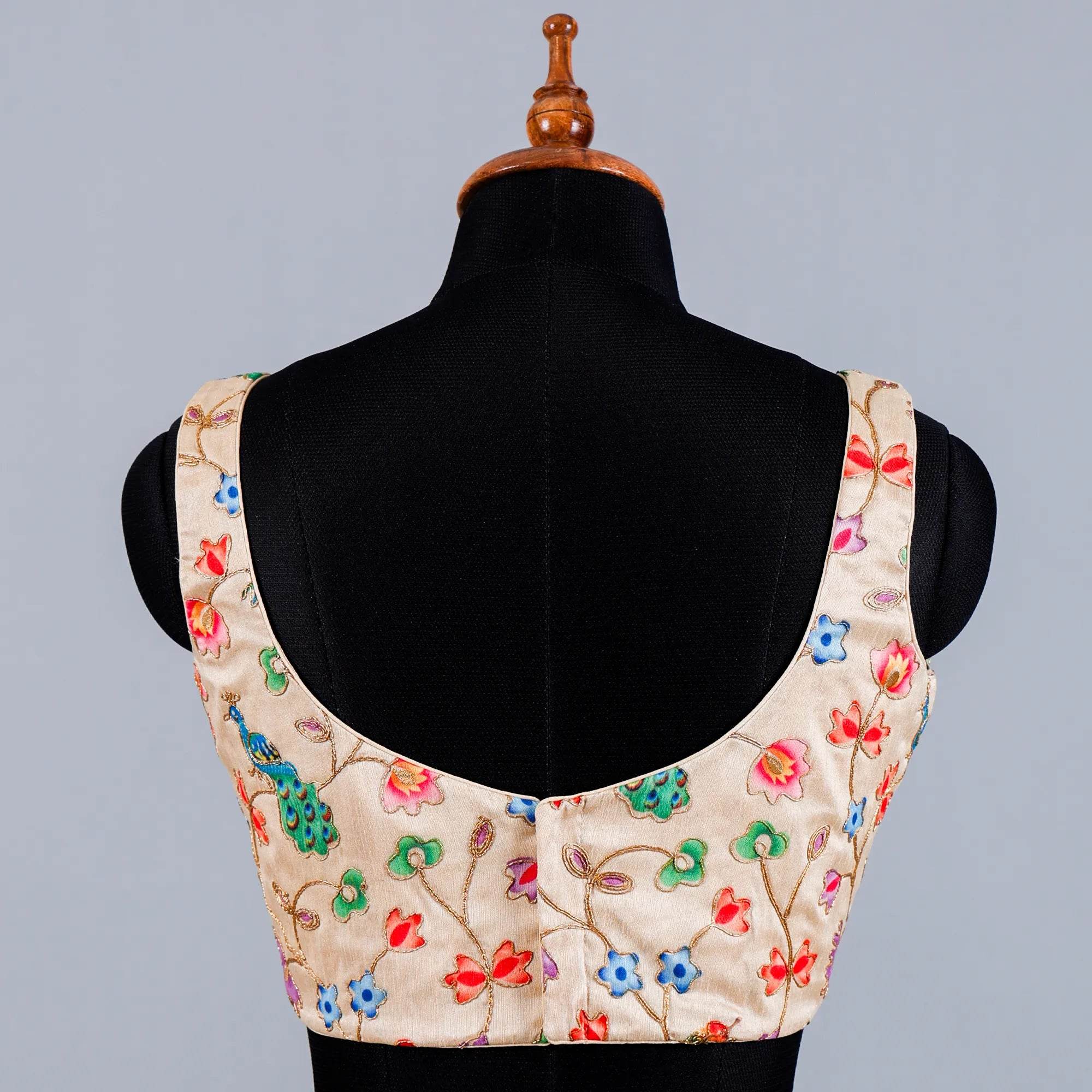 Beige Sleeveless Blouse with Multi Colour Embroidery Work with U- Neck - Adi Akshoy & Co.