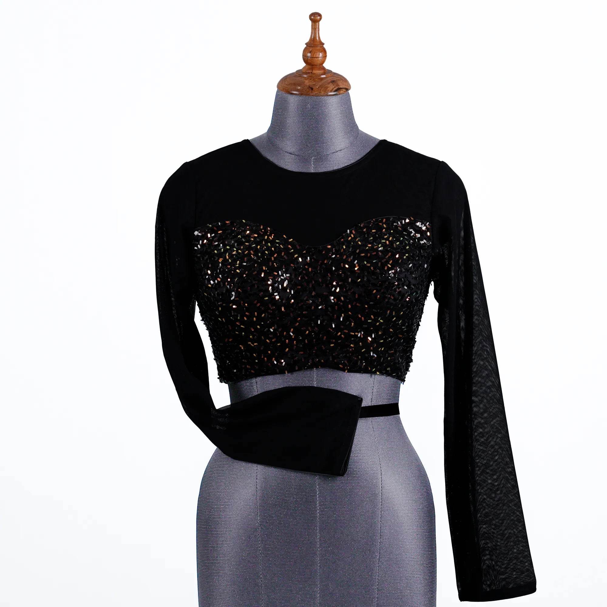 Black Partywear Blouse with Velvet and Net - Adi Akshoy & Co.