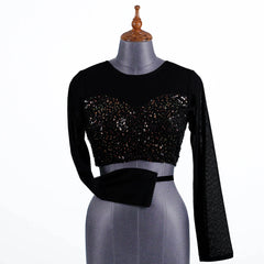 Black Partywear Blouse with Velvet and Net - Adi Akshoy & Co.