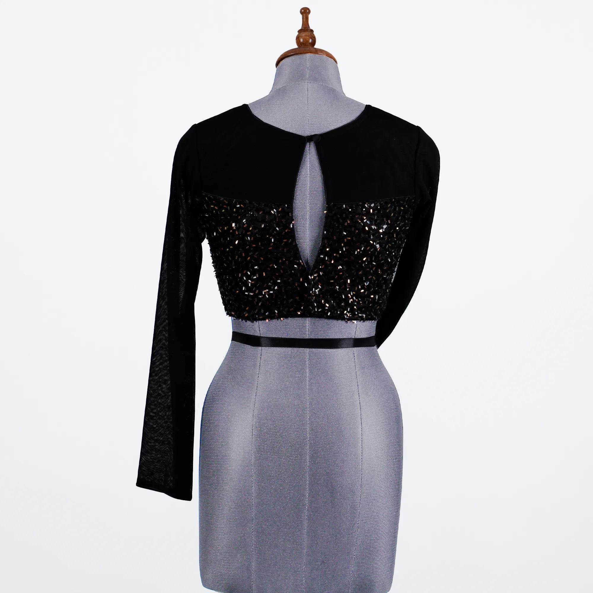 Black Partywear Blouse with Velvet and Net - Adi Akshoy & Co.