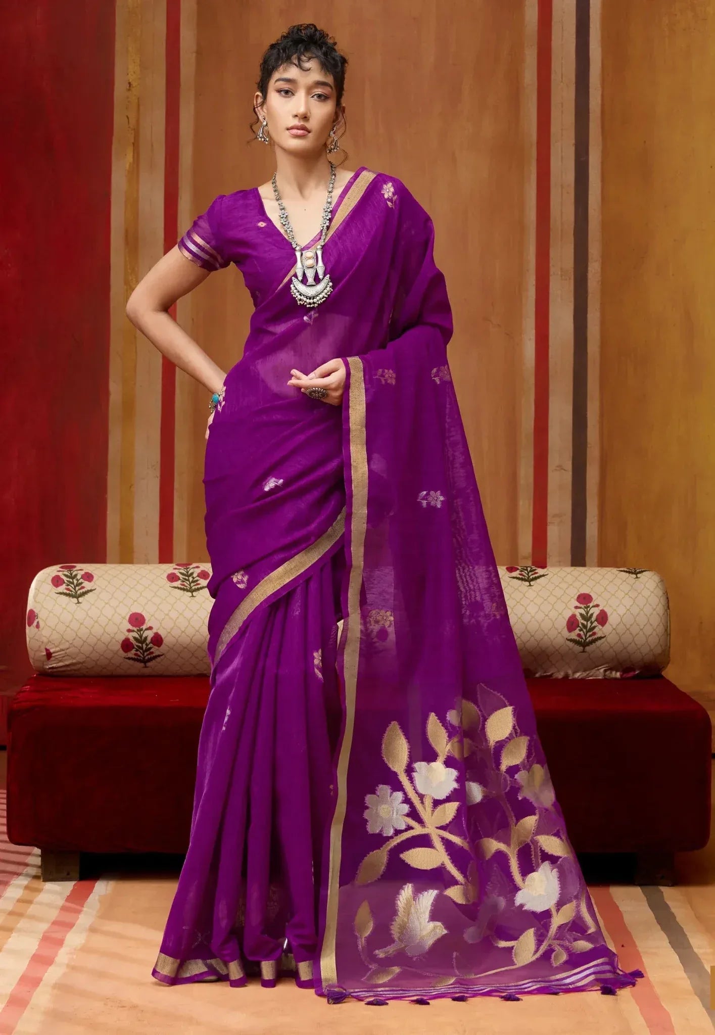 Magenta Tussar Silk Saree with Blouse Piece - Adi Akshoy & Co.