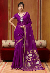 Magenta Tussar Silk Saree with Blouse Piece - Adi Akshoy & Co.
