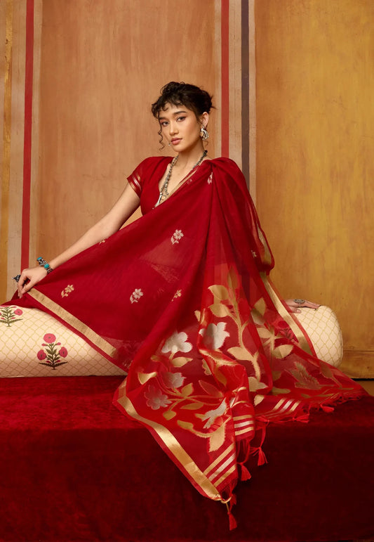 Red Tussar Silk Saree with Blouse Piece - Adi Akshoy & Co.