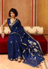 Navy Blue Tussar Silk Saree With Blouse Piece - Adi Akshoy & Co.