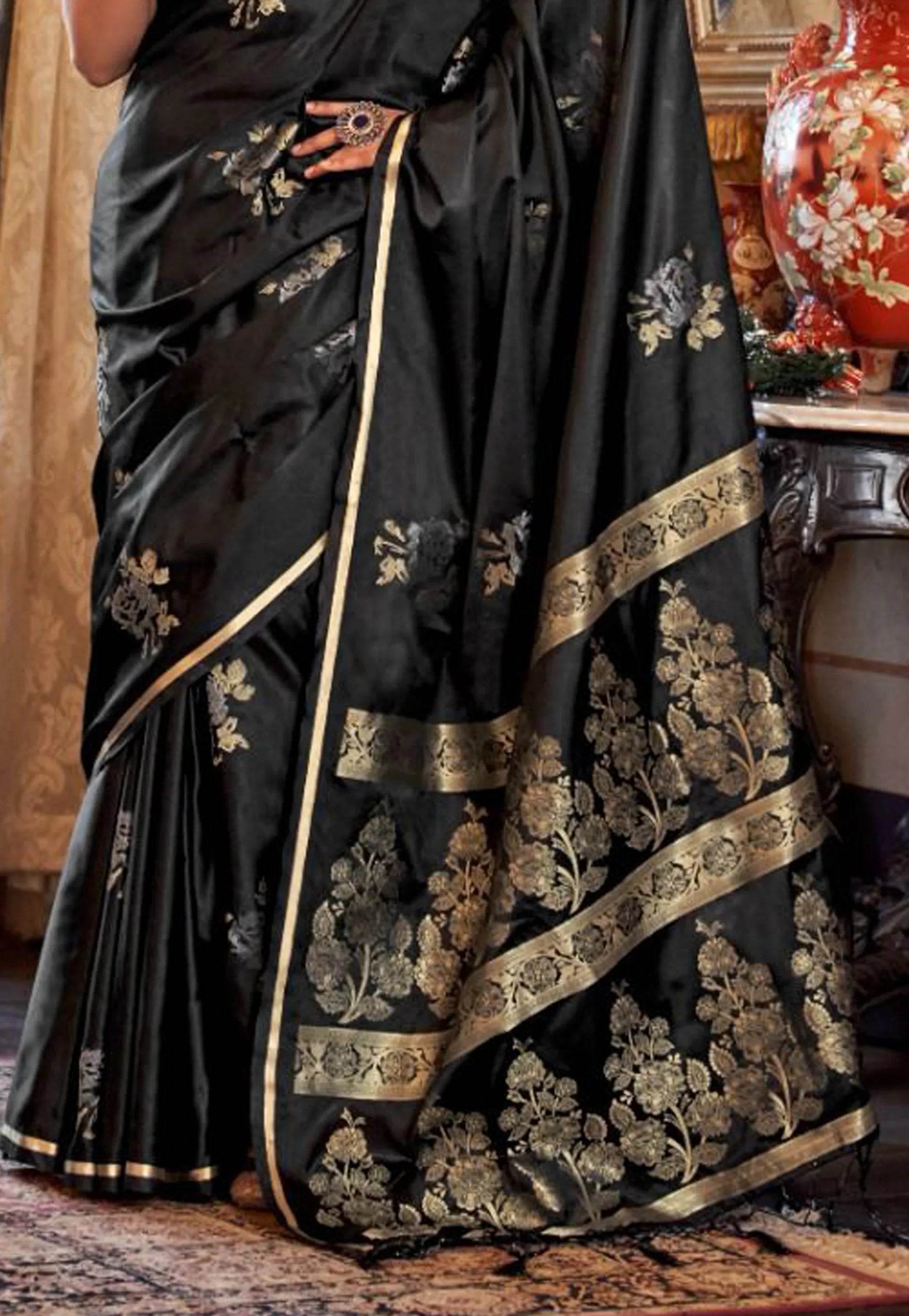 Black Mashru Silk Saree with Blouse Piece - Adi Akshoy & Co.