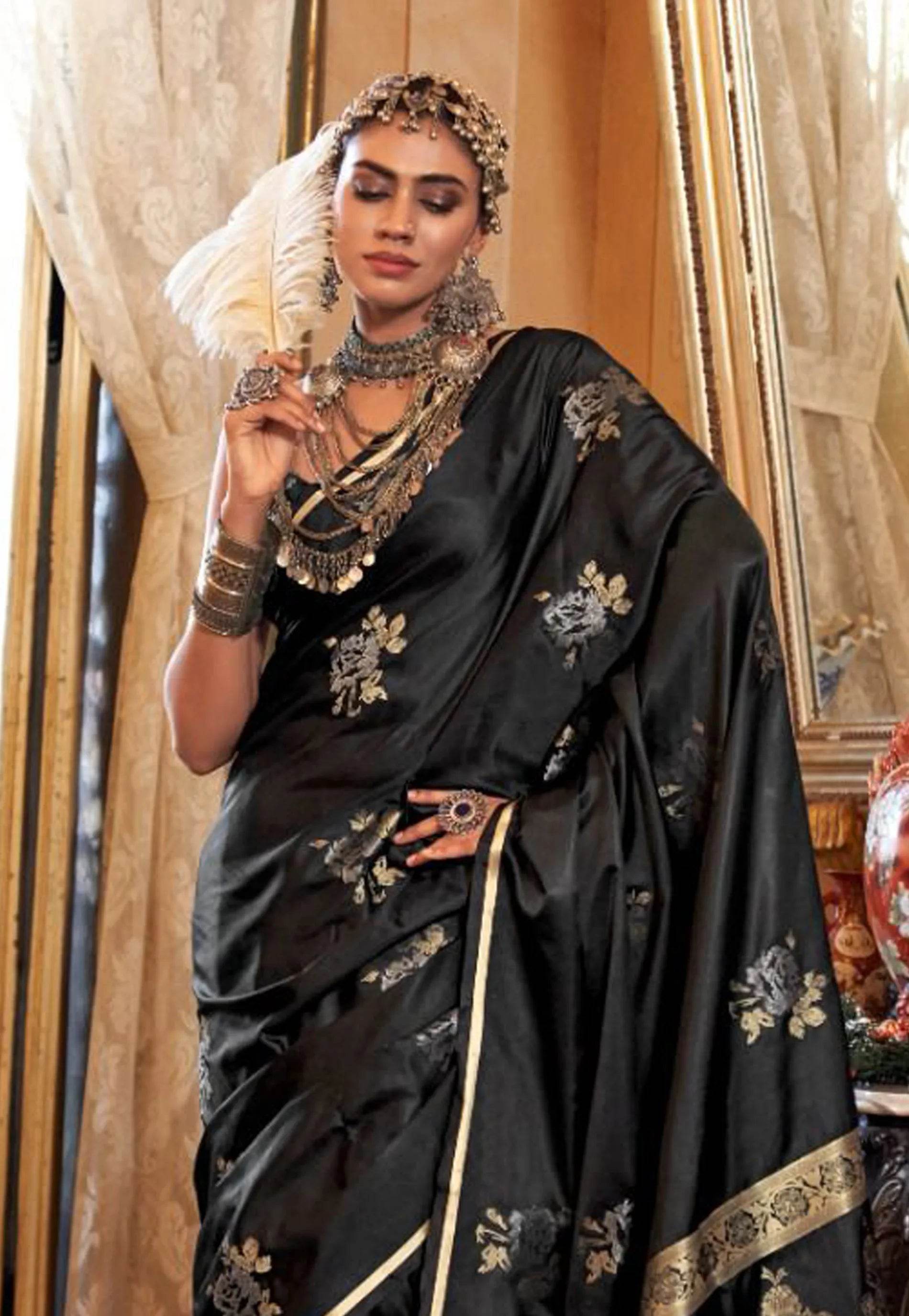 Black Mashru Silk Saree with Blouse Piece - Adi Akshoy & Co.