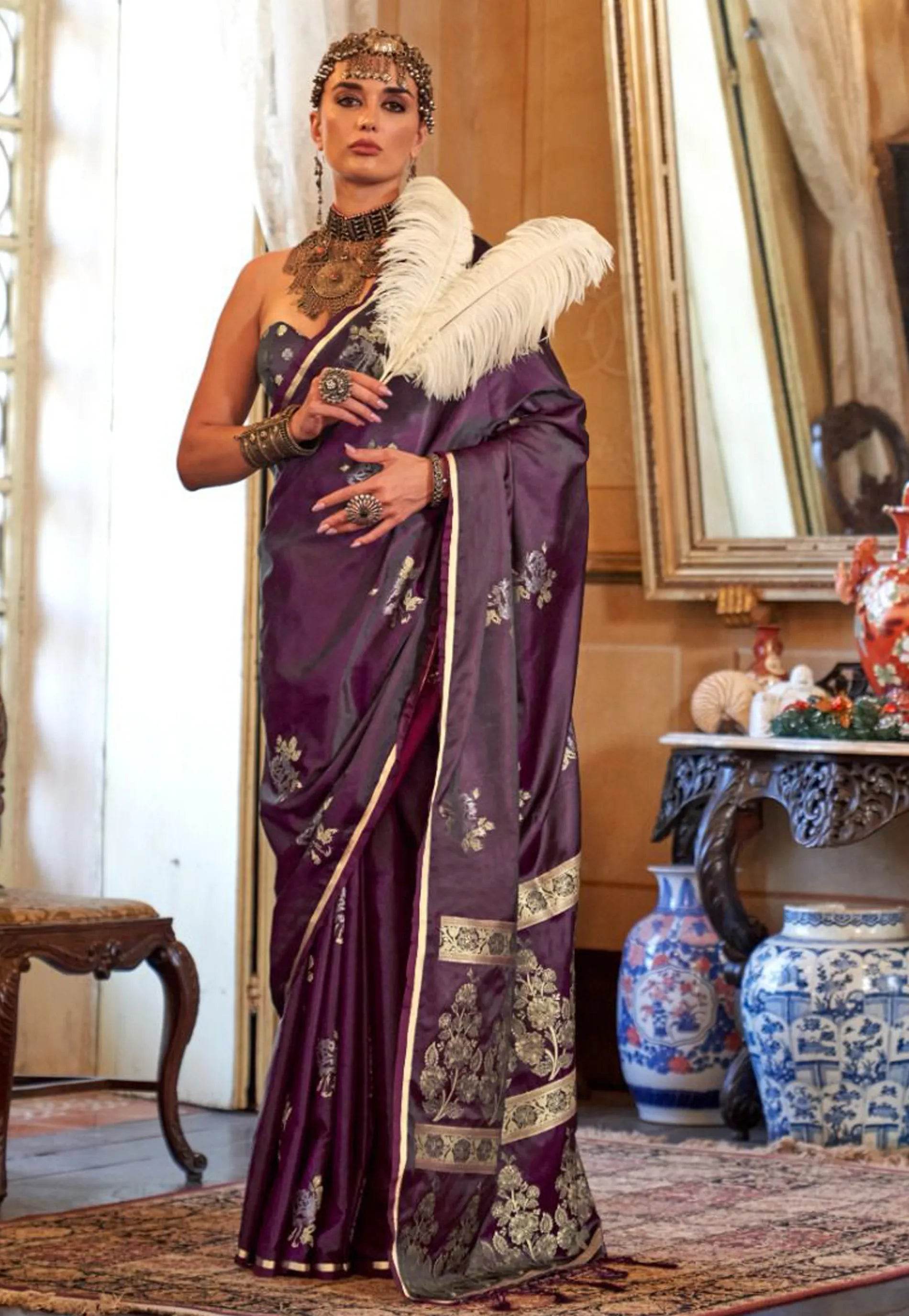 Cross Maroon Mashru Silk Saree with Blouse Piece - Adi Akshoy & Co.