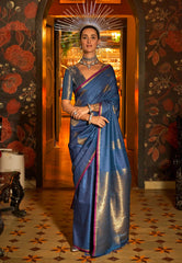Turquoise Blue Katan Silk Saree With Blouse Piece - Adi Akshoy & Co.
