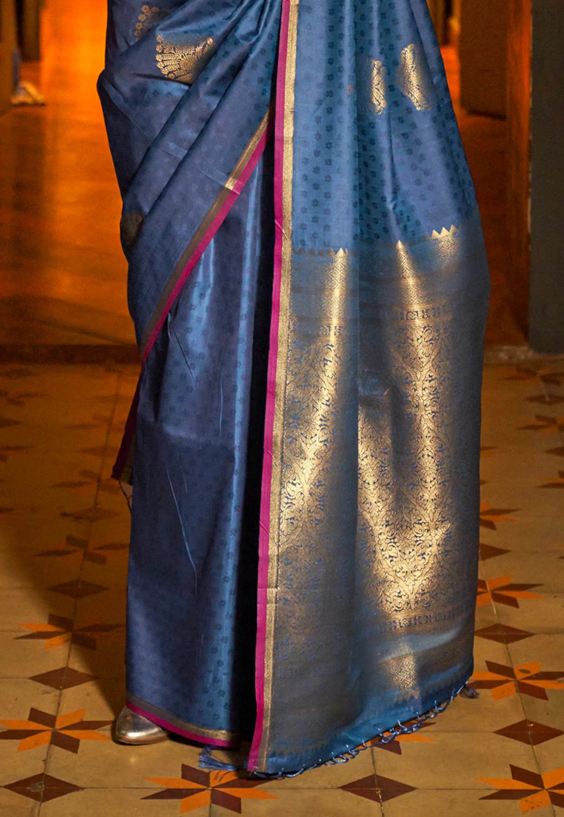 Turquoise Blue Katan Silk Saree With Blouse Piece - Adi Akshoy & Co.