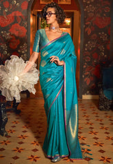 Peacock Blue Katan Silk Saree With Blouse Piece - Adi Akshoy & Co.