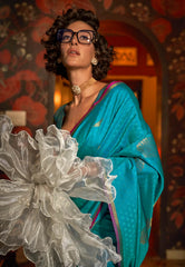 Peacock Blue Katan Silk Saree With Blouse Piece - Adi Akshoy & Co.