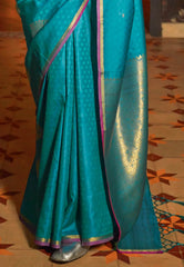 Peacock Blue Katan Silk Saree With Blouse Piece - Adi Akshoy & Co.