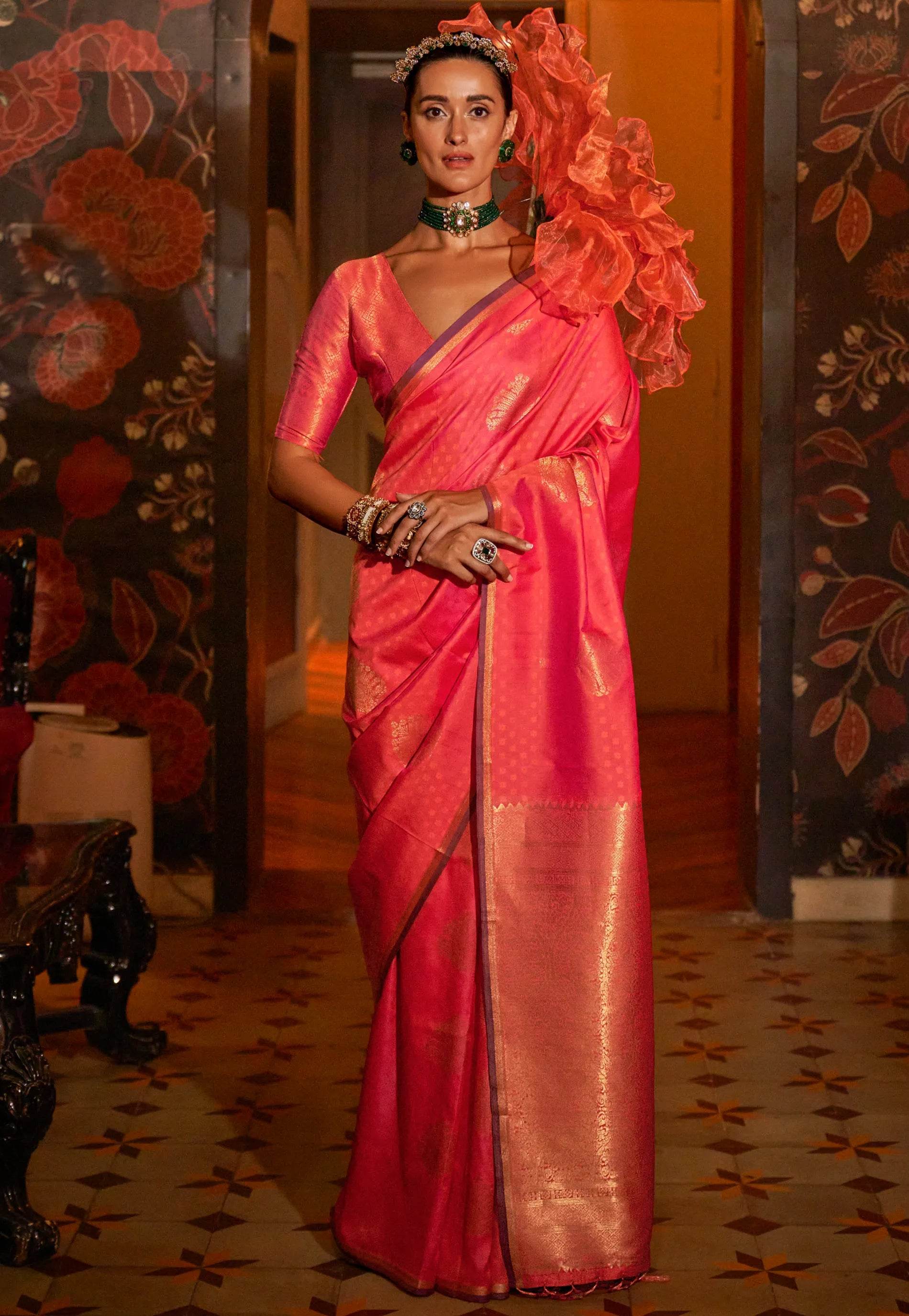 Dual Shades of Orange Katan Silk Saree With Blouse Piece - Adi Akshoy & Co.