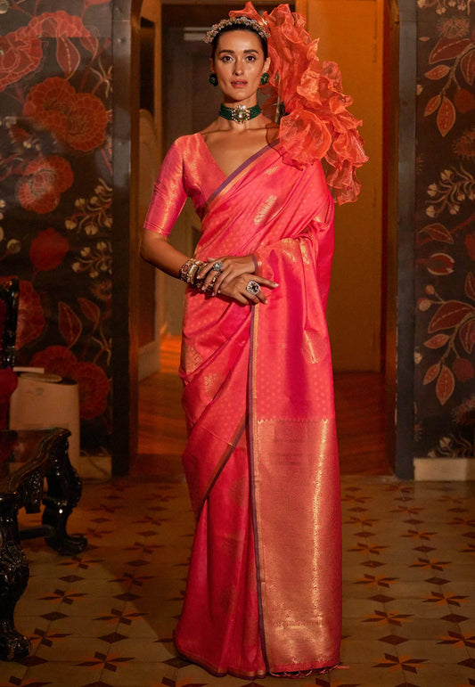 Dual Shades of Orange Katan Silk Saree With Blouse Piece - Adi Akshoy & Co.