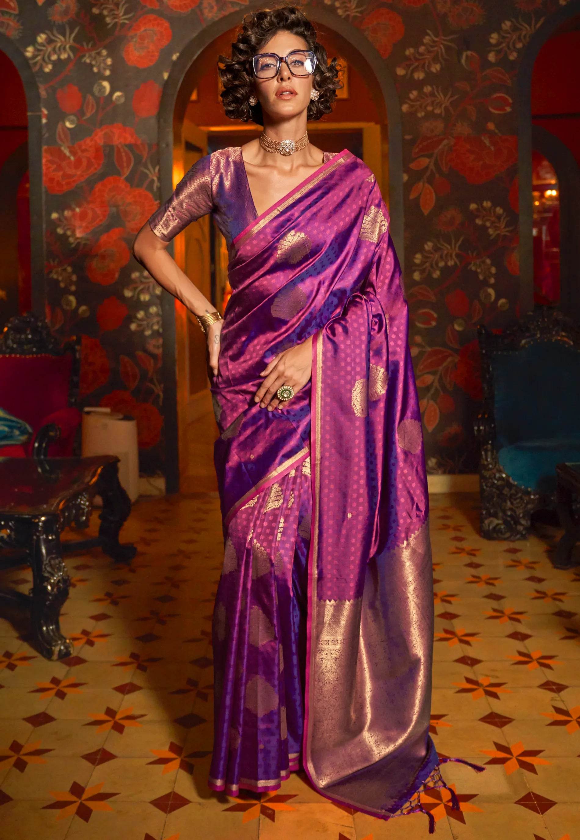 Magenta Katan Silk Saree With Blouse Piece - Adi Akshoy & Co.