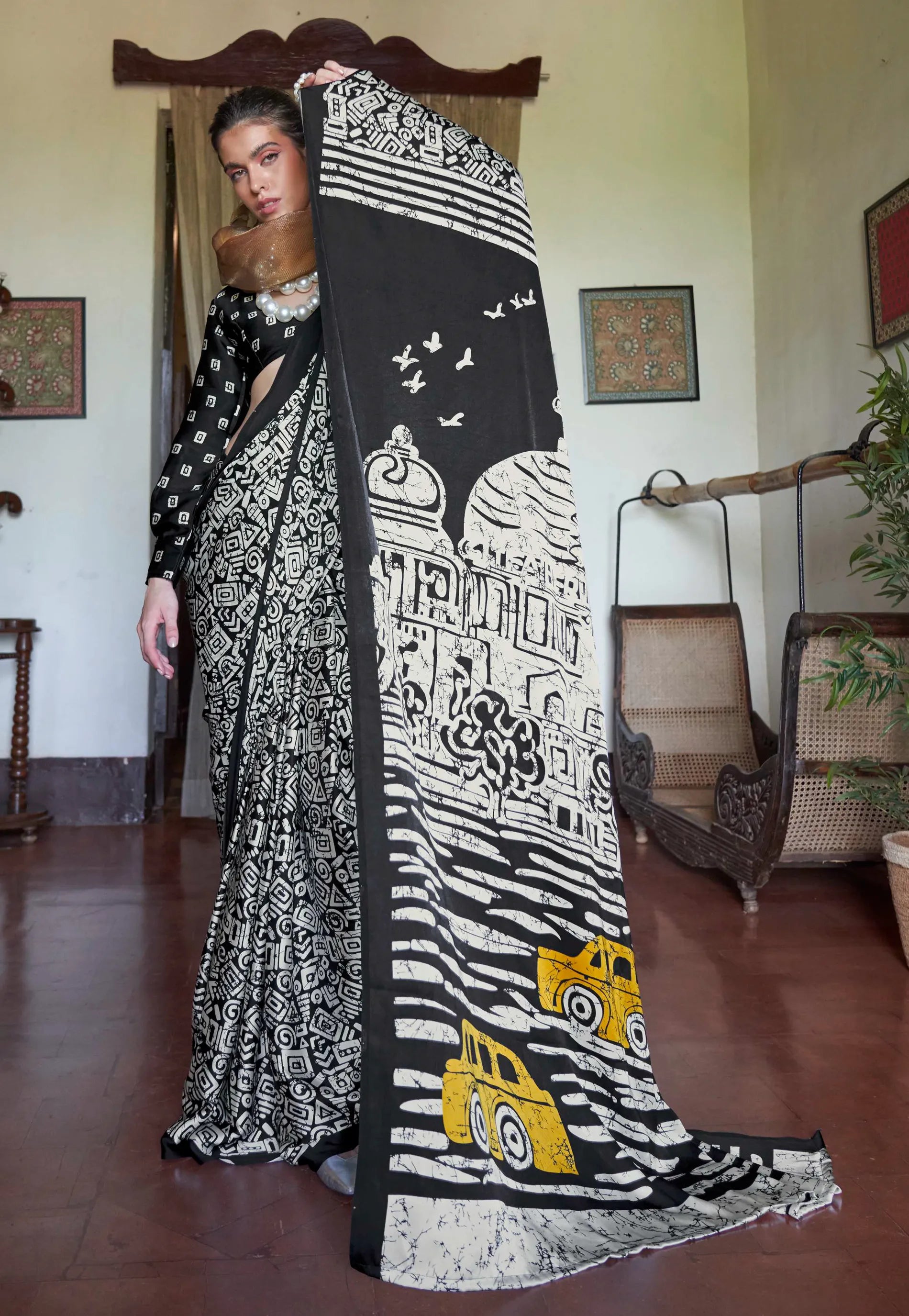 Black Ajrakh Print Modal Silk Saree With Blouse Piece – Adi Akshoy & Co.