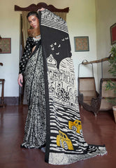 Black Ajrakh Print Modal Silk Saree With Blouse Piece – Adi Akshoy & Co.
