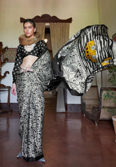 Black Ajrakh Print Modal Silk Saree With Blouse Piece – Adi Akshoy & Co.