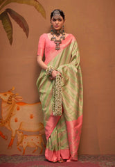 Pastel Green Brocade Kanjivaram Silk Saree With Blouse Piece - Adi Akshoy & Co.